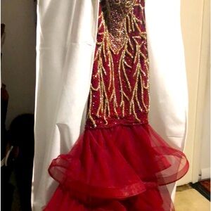 Red and gold beaded prom dress